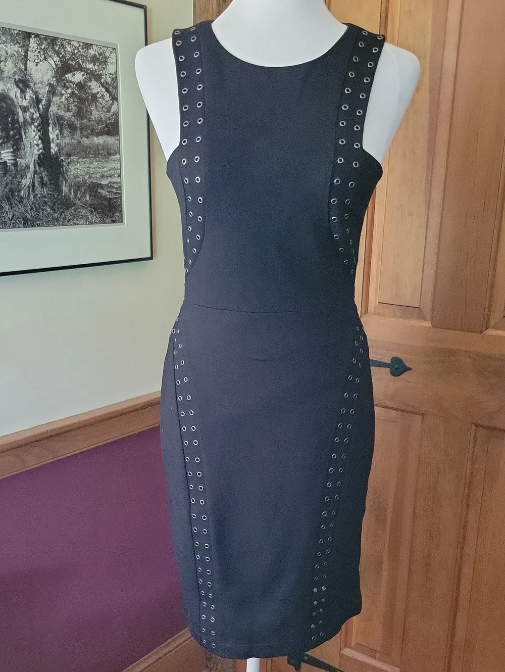 BCBGMAXAZRIA Black Silver Eyelet Trim Sleeveless Sexy Sheath Dress - Picture 1 of 8